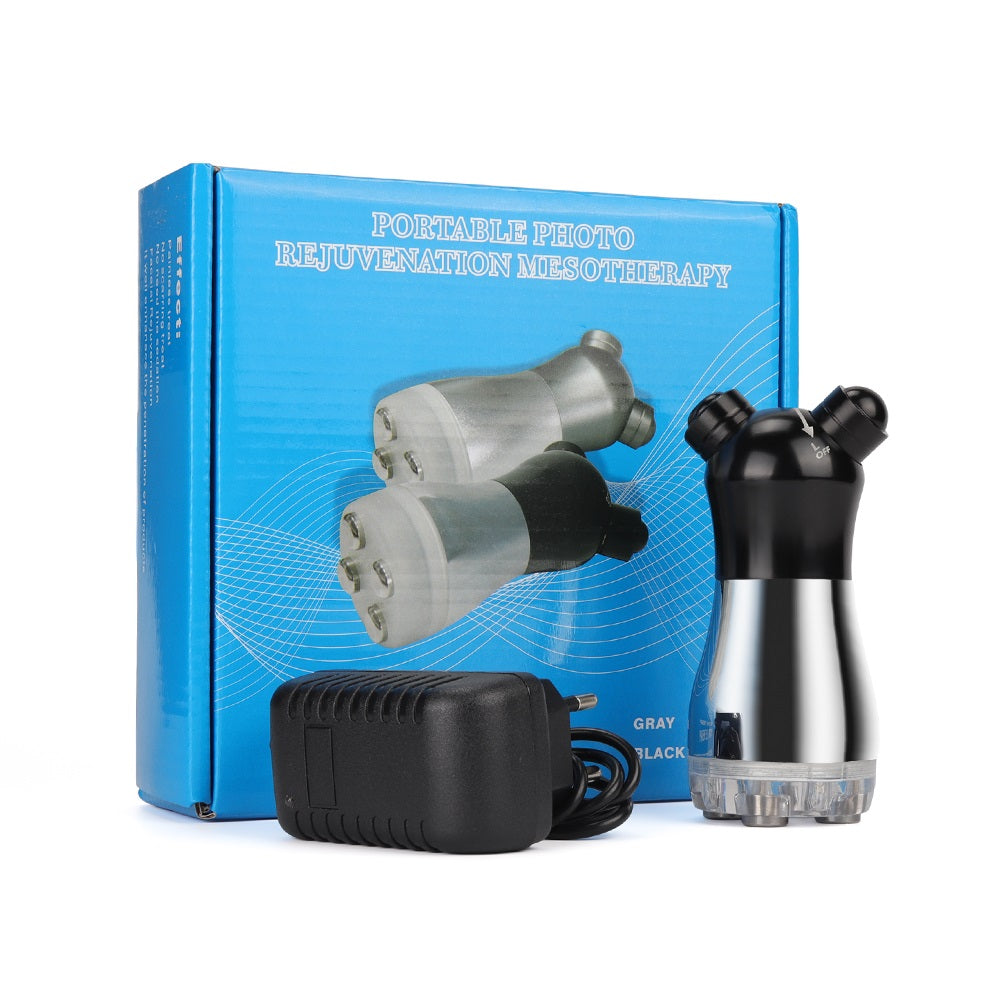 RF & LED Photon Facial Massager shown with retail packaging and power adapter