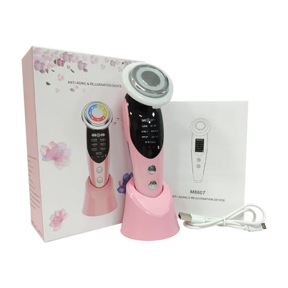 7-in-1 facial massager EMS microcurrent LED ionic technology pink variant with complete packaging