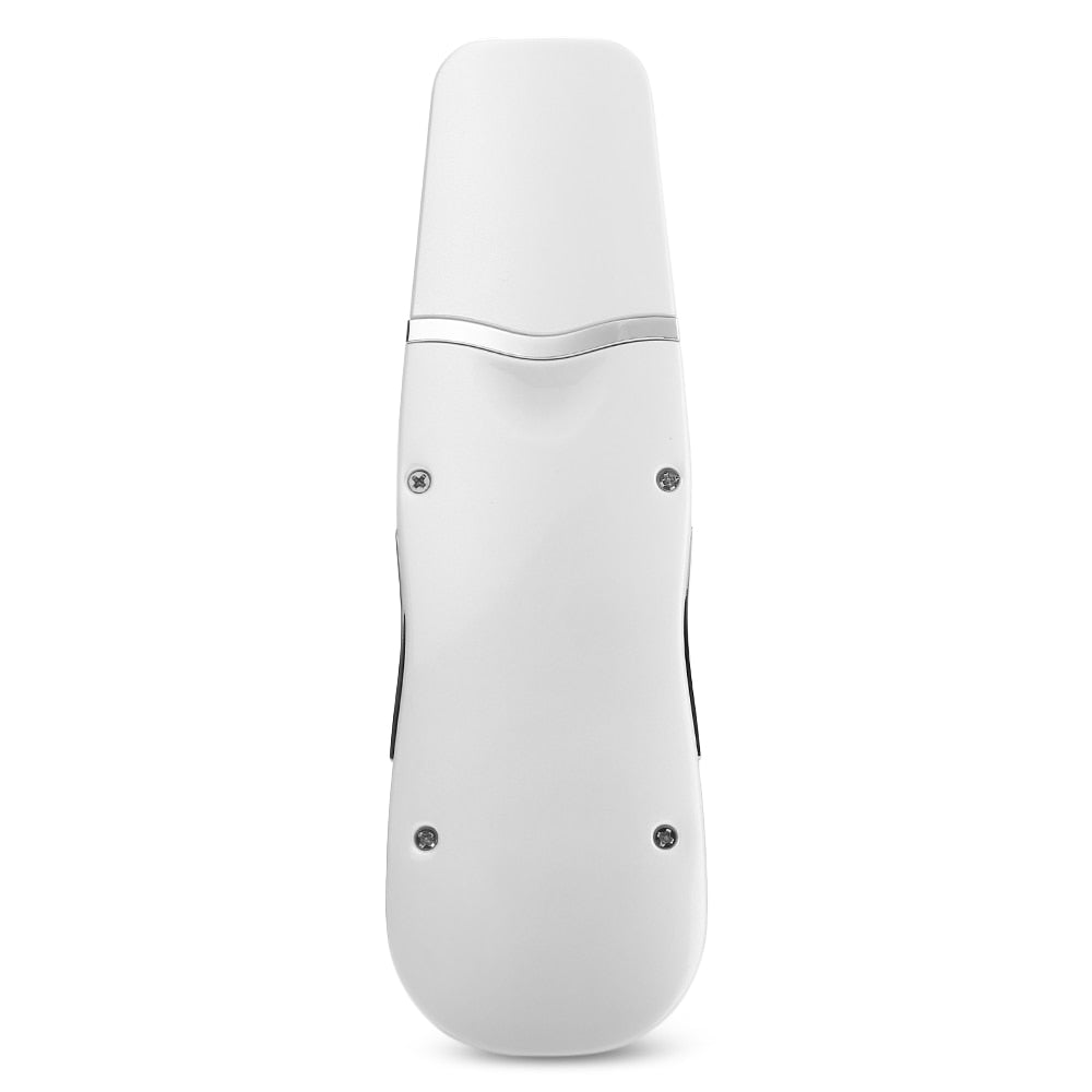 Ultrasonic facial scrubber back view displaying vibration node technology and mode selection buttons for pore cleansing and skin exfoliation