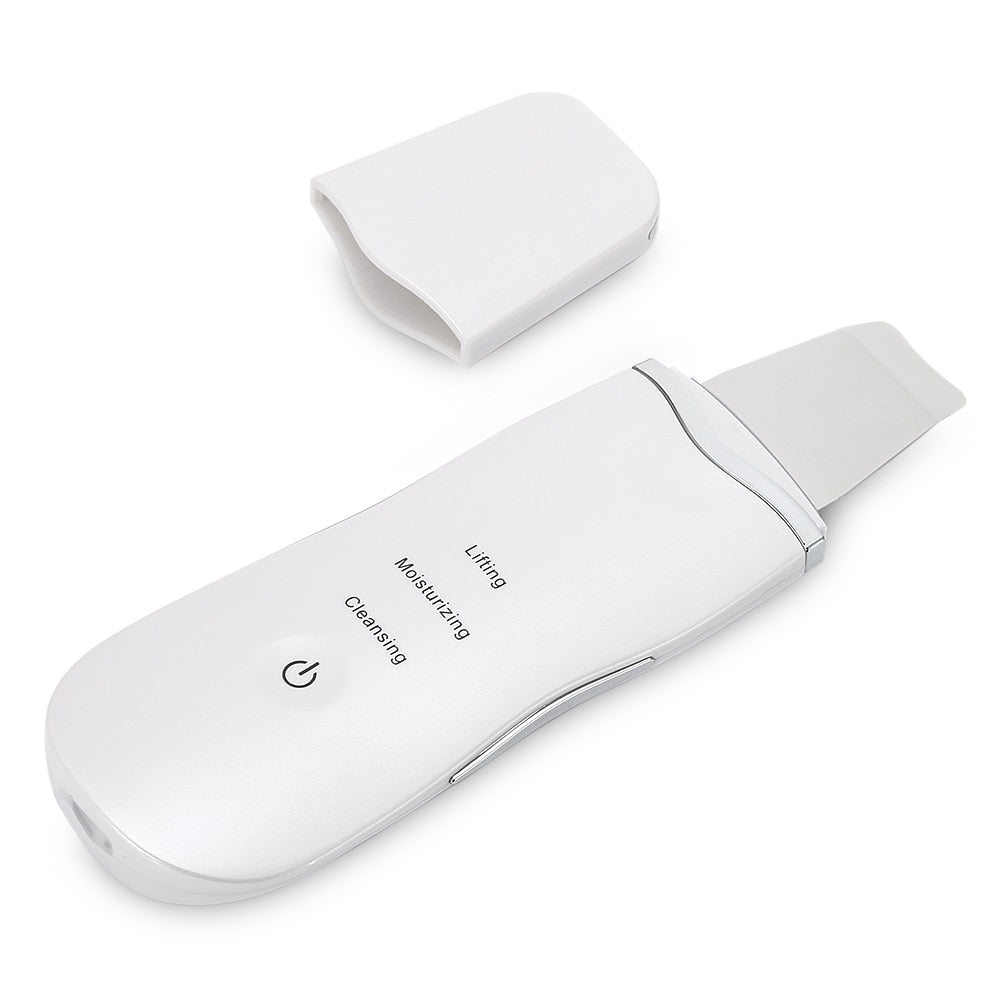 Ultrasonic facial scrubber showing three treatment modes (cleaning, moisturizing, lifting) with white device and protective carrying pouch