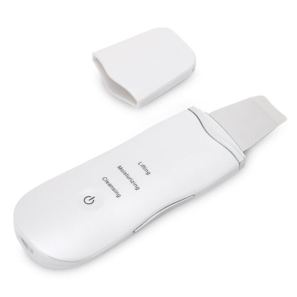 Ultrasonic facial scrubber showing three treatment modes (cleaning, moisturizing, lifting) with white device and protective carrying pouch