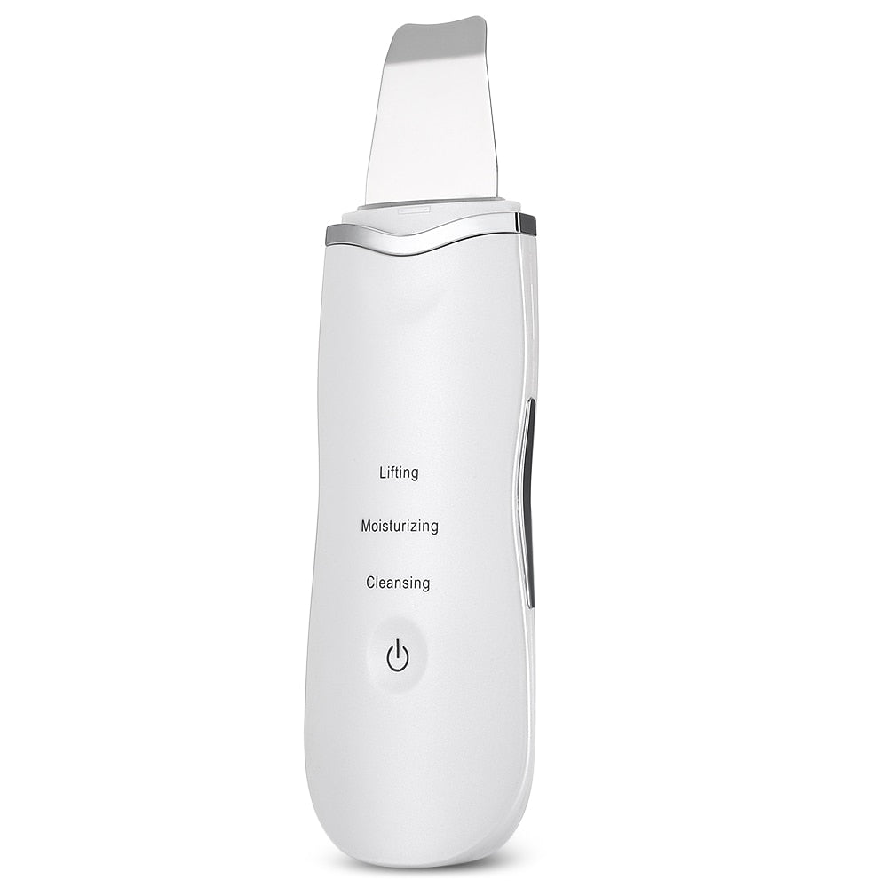 Ultrasonic facial scrubber white device with cleaning, moisturizing, and lifting mode labels - pore cleansing and exfoliating technology