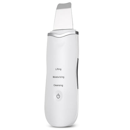 Ultrasonic facial scrubber white device with cleaning, moisturizing, and lifting mode labels - pore cleansing and exfoliating technology