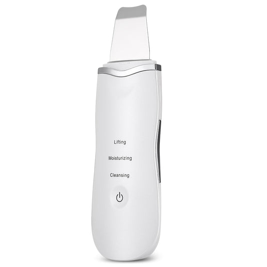 Ultrasonic facial scrubber white device with cleaning, moisturizing, and lifting mode labels - pore cleansing and exfoliating technology