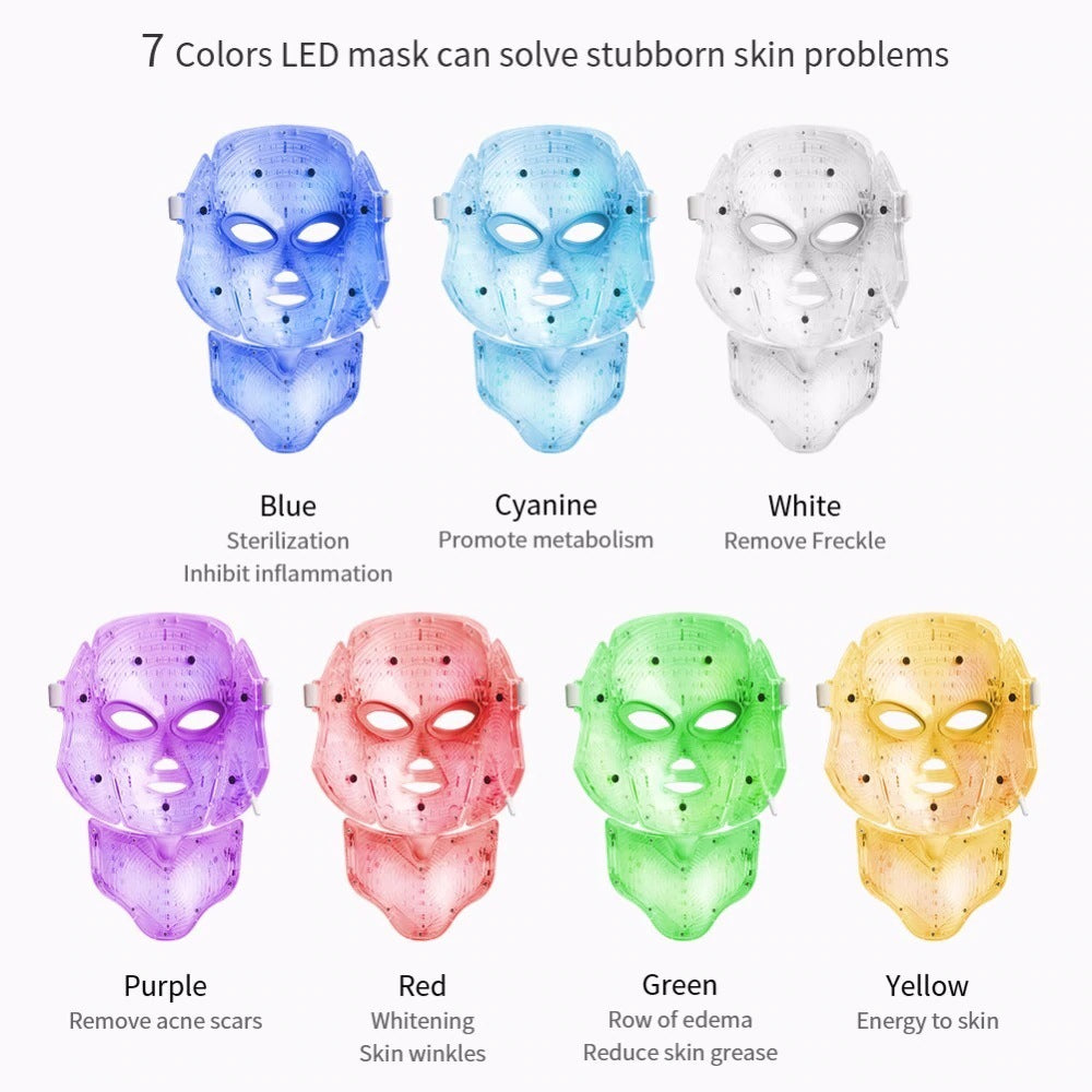 7 color LED light therapy modes for skin concerns - blue cyan white purple red green yellow for anti-aging acne treatment
