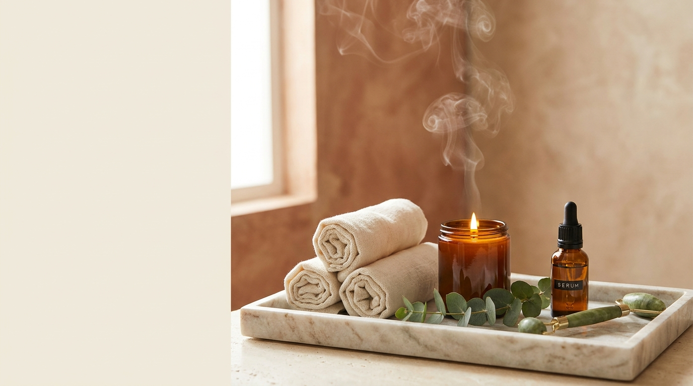 Warm cozy spa vanity with linen towels, candle, serum and jade roller