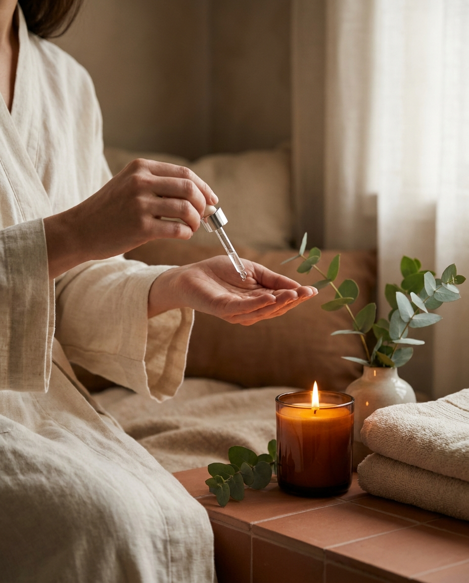 Hands applying facial serum by warm candlelight