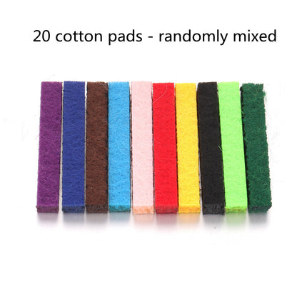 20 colorful organic cotton pads for aromatherapy diffuser pendant in multiple colors including purple blue brown pink red yellow green
